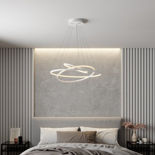 Lucande LED-visoka svetilka Ezana, bela, kovina, Ø 80 cm, zatemnjen, Bela, Dnevna soba / jedilnica, Kovina, Sodobni