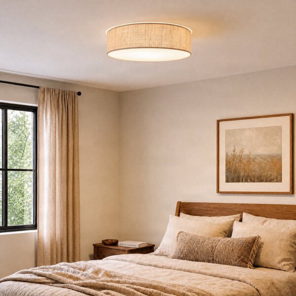 Milagro Lighting Stropna svetilka Marshall, rjava, Ø 50 cm, kovina, ratana, zatemnjen, Rjava / rjasta, Dnevna soba / jedilnica, Les, Sodobni