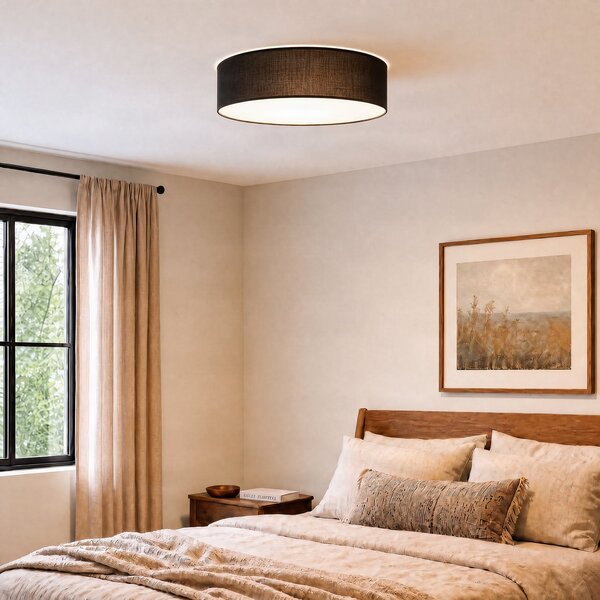Milagro Lighting Stropna svetilka Marshall, črna, Ø 50 cm, kovina/ratan, zatemnjen, Črna, Dnevna soba / jedilnica, Les, Sodobni