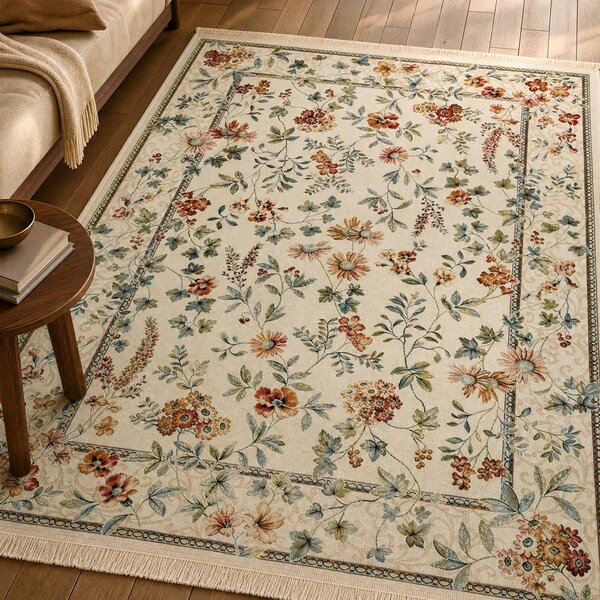 Kremno bela viskozna preproga 95x140 cm Oriental Flowers – Nouristan