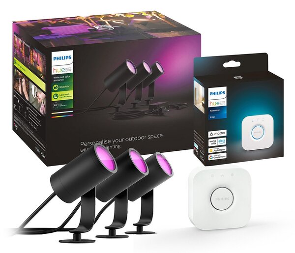 Philips Hue LED reflektor Lily, komplet 3, most, RGB, CCT, IP65, zatemnjen, Črna, Kovina, Sodobni