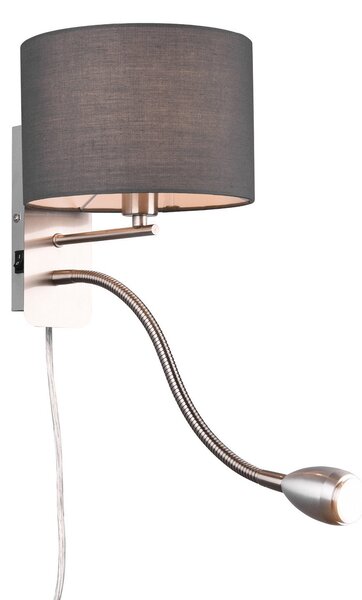 Trio Lighting Hotelska stenska svetilka z bralno lučko LED, okrogla, siva, Siva, spalnica, Kovina, Sodobni, Svetilka za branje