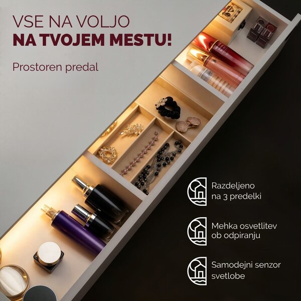 Toaletna mizica LUCIA z osvetlitvijo, 108x40x140cm, bela Jurhan