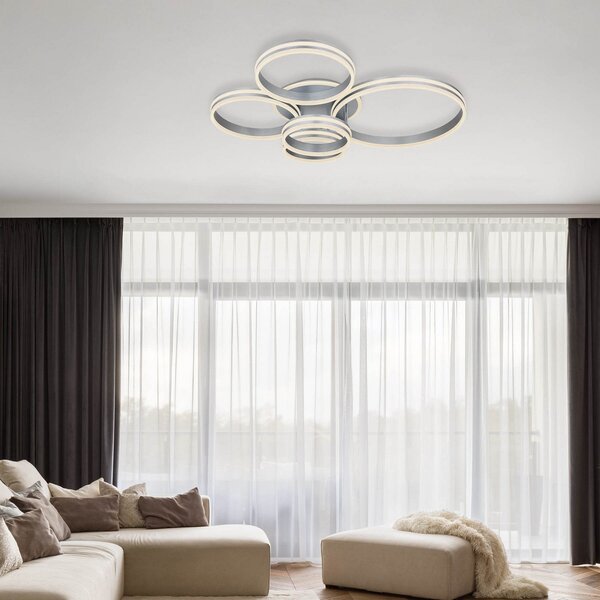Globo Rubio LED stropna svetilka, dolžina 114 cm, siva, CCT, 5 luči, zatemnjen, Siva, Dnevna soba / jedilnica, Kovina, Sodobni