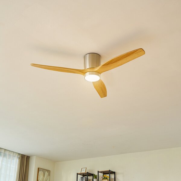 Lucande LED stropni ventilator Faipari, nikl, DC, tiho, 132 cm, Les, Dnevna soba / jedilnica, Les, Sodobni