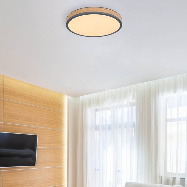 Globo LED stropna svetilka Doro, Ø 45 cm, temni grafit/les, les, CCT, zatemnjen, Les, Dnevna soba / jedilnica, Les, Sodobni