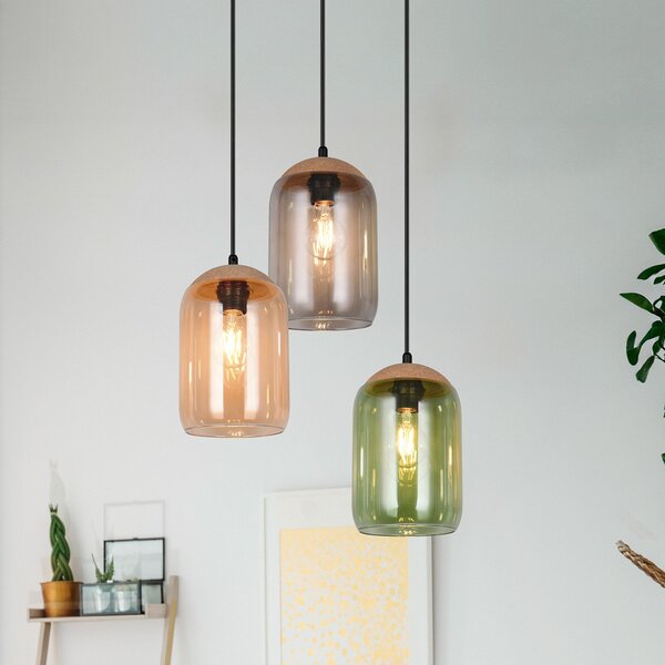 Trio Lighting Obesek iz plute, večbarvni, Ø 30 cm, 3-svetlobni, steklo/pluta, zatemnjen, Večbarvna, Dnevna soba / jedilnica, Steklo, Sodobni