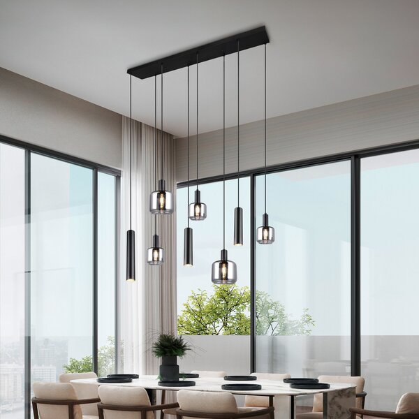Trio Lighting Mataro viseča svetilka, krom/črna, 118 cm, 8-svetlobno steklo/kovina, zatemnjen, Črna, Dnevna soba / jedilnica, Steklo, Sodobni