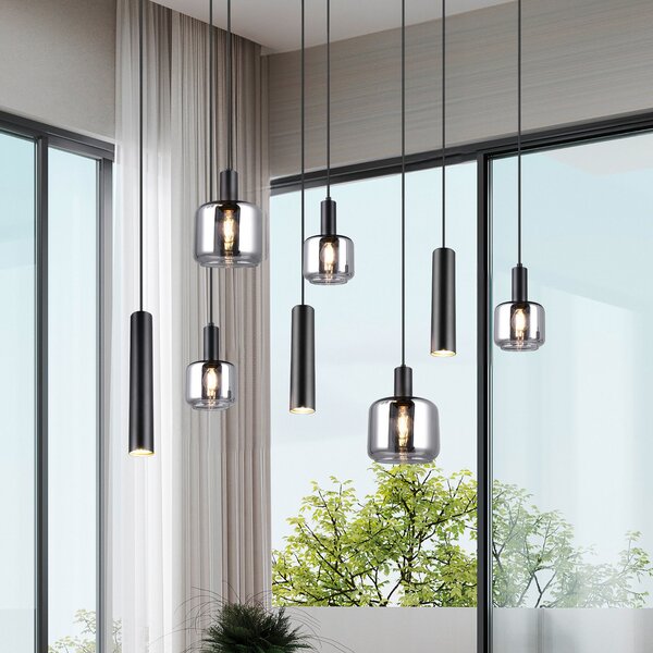Trio Lighting Mataro viseča svetilka, krom/črna, 118 cm, 8-svetlobno steklo/kovina, zatemnjen, Črna, Dnevna soba / jedilnica, Steklo, Sodobni