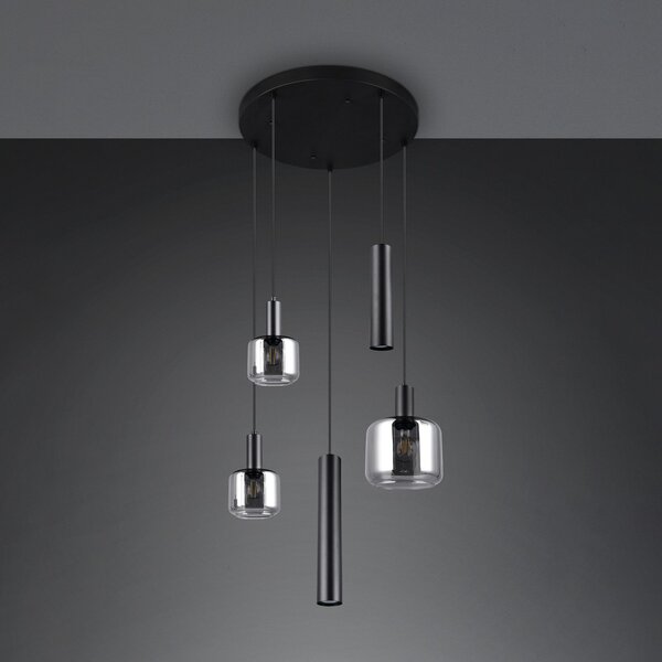 Trio Lighting Viseča svetilka Mataro, krom/črna, Ø 55 cm 5-svetlobno steklo/kovina, zatemnjen, Črna, Dnevna soba / jedilnica, Steklo, Sodobni