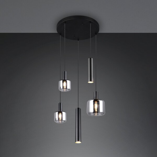 Trio Lighting Viseča svetilka Mataro, krom/črna, Ø 55 cm 5-svetlobno steklo/kovina, zatemnjen, Črna, Dnevna soba / jedilnica, Steklo, Sodobni