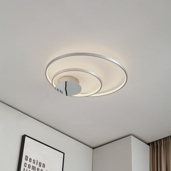 Lindby Nerwin LED stropna svetilka, 65 cm, okrogla, aluminij/krom, zatemnjen, Kovinska, Dnevna soba / jedilnica, Kovina, Sodobni, Okrogli neposredni strop