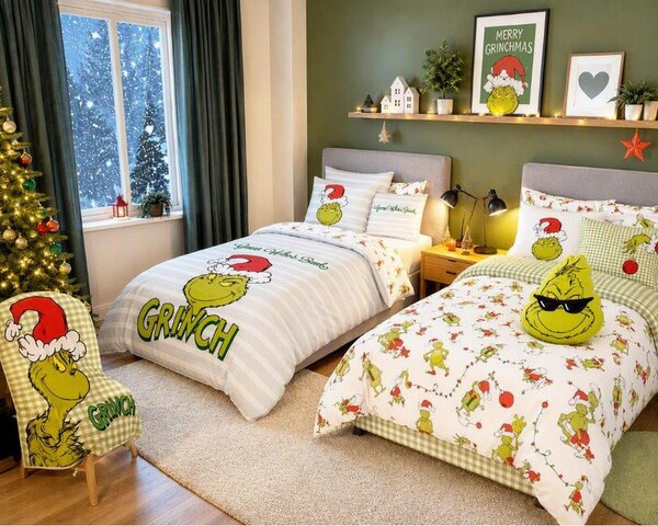 POSTELJNINA GRINCH 140/200 cm saten večbarvno