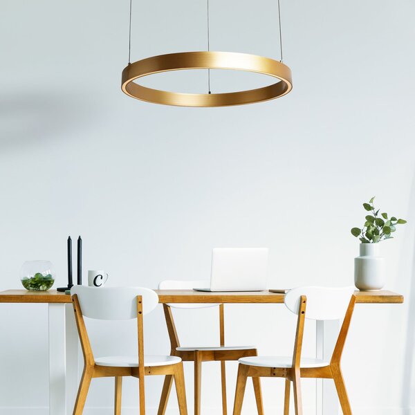 Searchlight LED-visoka svetilka Layla, zlata, Ø 64 cm CCT, z nastavljivo višino, zatemnjen, Zlata / medeninasta, Dnevna soba / jedilnica, Kovina, Sodobni
