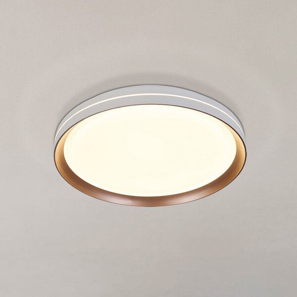 Searchlight LED-stropna svetilka Saucer, bela/svetlo rjava, Ø 39 cm, železo/akril, zatemnjen, Bela, Dnevna soba / jedilnica, Kovina, Sodobni