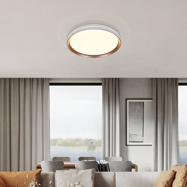 Searchlight LED-stropna svetilka Saucer, bela/svetlo rjava, Ø 39 cm, železo/akril, zatemnjen, Bela, Dnevna soba / jedilnica, Kovina, Sodobni