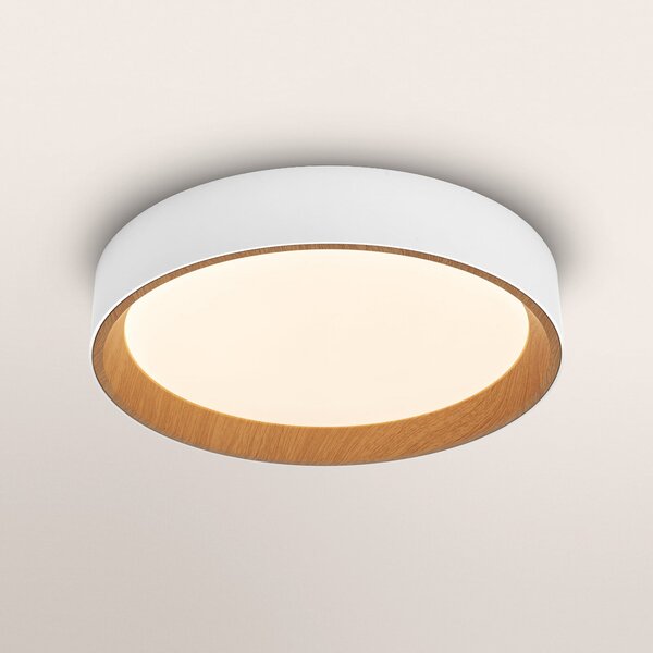 OSRAM LED-stropna svetilka ORBIS LARIOS, bela/lesena, Ø 29 cm, z možnostjo, zatemnjen, Bela, Dnevna soba / jedilnica, Kovina, Sodobni