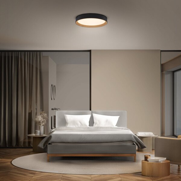 OSRAM LED-stropna svetilka ORBIS LARIOS, črna/lesena, premer 39 cm, z možnostjo, zatemnjen, Črna, Dnevna soba / jedilnica, Kovina, Sodobni