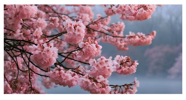 Slika cvetoča sakura nad mirno vodo