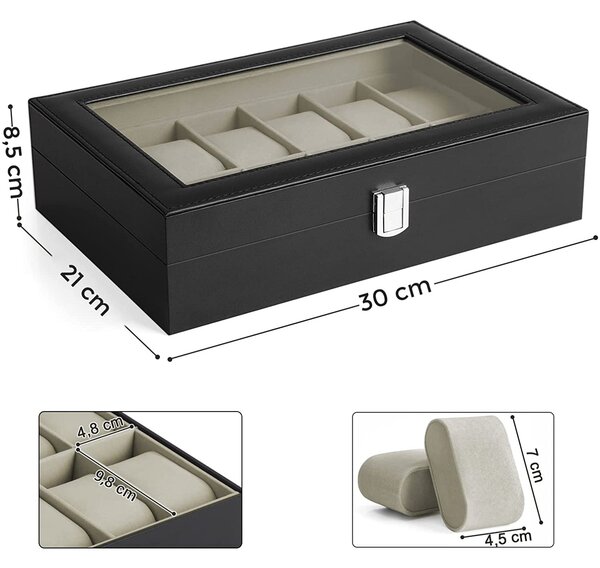 Škatla za uro s steklenim pokrovom, 30 x 8,5 x 21 cm, črno umetno usnje, bež podloga | SONGMICS