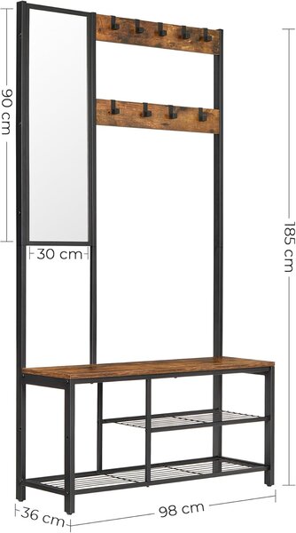 Stojalo za oblačila z ogledalom in sedežem , rustikalna rjava, 36 x 98 x 185 cm | VASAGLE