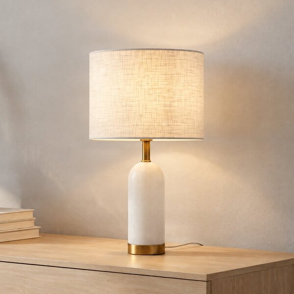 Lindby Namizna svetilka alabaster, bela/zlata, Ø 30 cm, marmor, E27, Bela, Dnevna soba / jedilnica, Tkanine / tekstil, Skandinavski