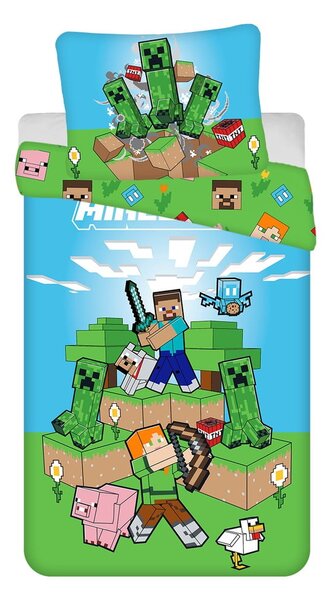 Zeleno-modra enojna bombažna otroška posteljnina 140x200 cm Minecraft "Outdoor Mobs" – Jerry Fabrics