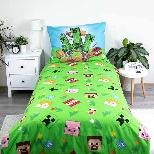 Zeleno-modra enojna bombažna otroška posteljnina 140x200 cm Minecraft "Outdoor Mobs" – Jerry Fabrics