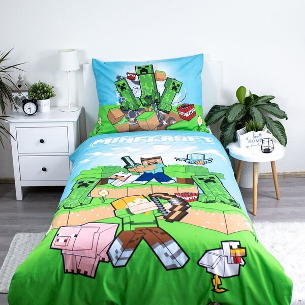Zeleno-modra enojna bombažna otroška posteljnina 140x200 cm Minecraft "Outdoor Mobs" – Jerry Fabrics