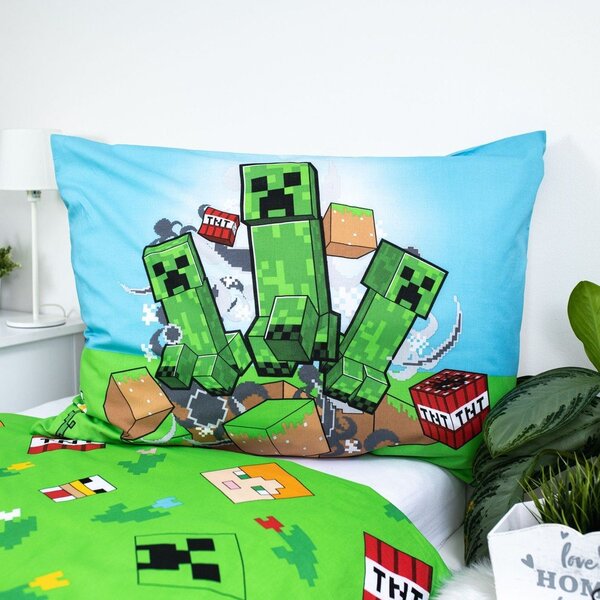 Zeleno-modra enojna bombažna otroška posteljnina 140x200 cm Minecraft "Outdoor Mobs" – Jerry Fabrics