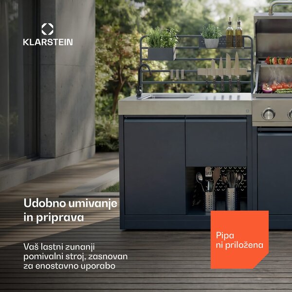Klarstein WaldChef Outdoor kuhinja | Pomivalno korito z omarico | Nerjaveče jeklo | Vremevzdržna | 90 x 135 cm