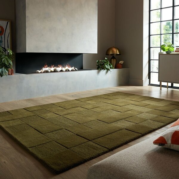Kaki zelena ročno tkana volnena preproga 120x170 cm Checkerboard – Flair Rugs