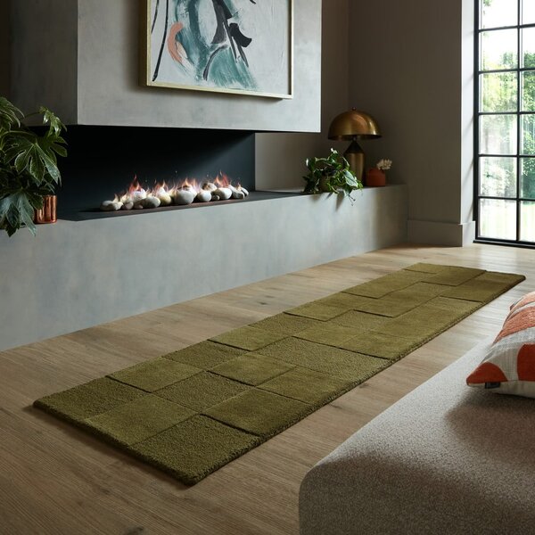 Kaki zelen ročno tkan volnen tekač 60x230 cm Checkerboard – Flair Rugs