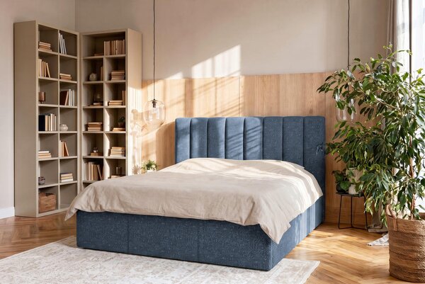 OBLAZINJENA POSTELJA 140 cm x 200 cm , tekstil temno modra