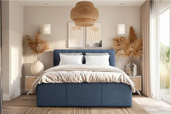 OBLAZINJENA POSTELJA 140 cm x 200 cm , tekstil temno modra
