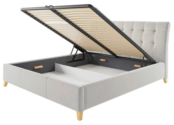 OBLAZINJENA POSTELJA 140 cm x 200 cm , tekstil, leseni material bež