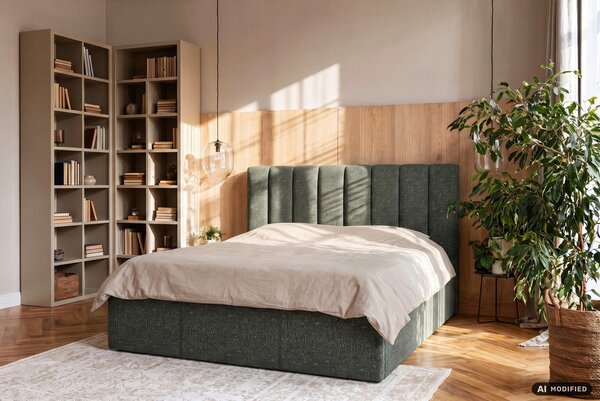 OBLAZINJENA POSTELJA 140 cm x 200 cm , tekstil temno zelena