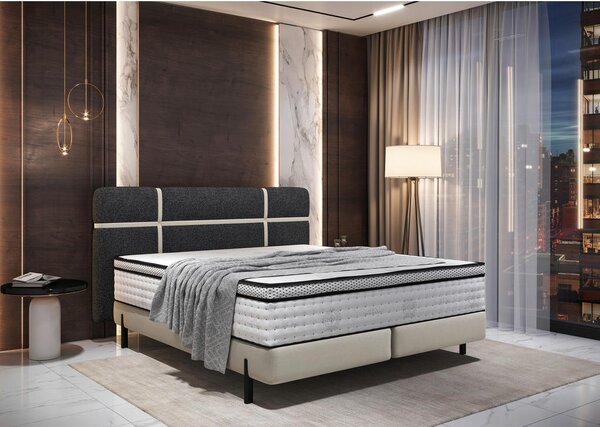 BOXSPRING POSTELJA 140 cm x 200 cm , tekstil krem barve, temno siva
