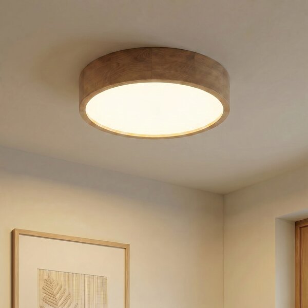 TEMAR LIGHTING Stropna svetilka Cleo, Ø 48 cm, 4-svetlobna, hrastov les, E27, zatemnjen, Les, Dnevna soba / jedilnica, Les, Sodobni