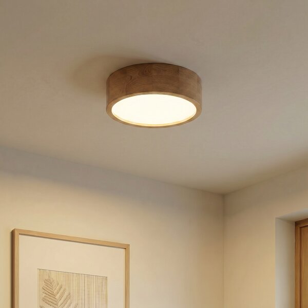 TEMAR LIGHTING Stropna svetilka Cleo, Ø 28 cm, 2 luči, hrastov les, E27, zatemnjen, Les, Dnevna soba / jedilnica, Les, Sodobni