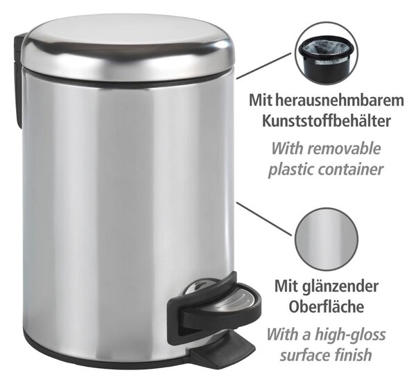 Srebrn koš za smeti s pedalom Wenko Leman Shiny, 3 l