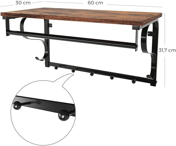 Stenska polica za plašče s 5 kavlji 60 x 30 x 31,7 cm | VASAGLE