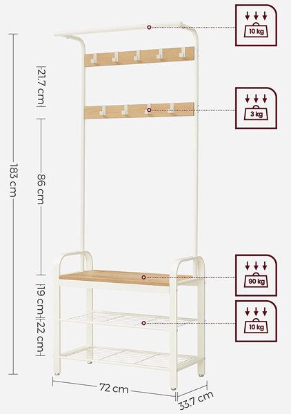 Stojalo za oblačila, stojalo za plašče, stojalo za čevlje s sedežem 183 x 72 x 33,7 cm krem bela | VASAGLE