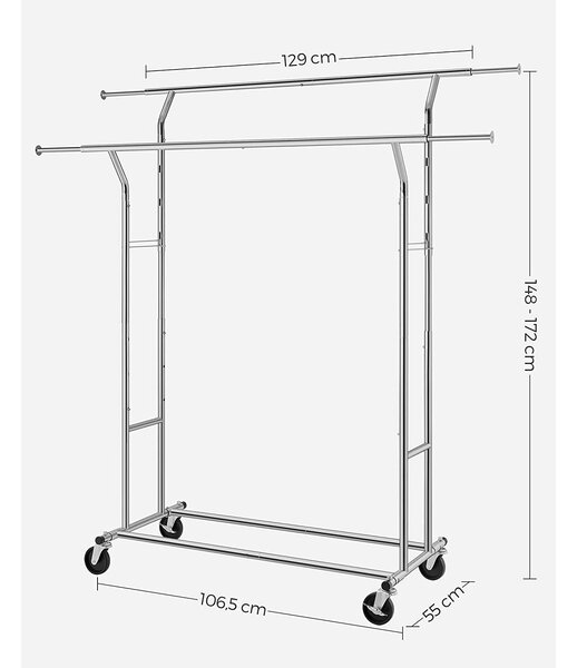 Močno kovinsko stojalo za oblačila, stojalo za oblačila na kolesih, srebrno | SONGMICS
