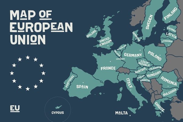 Slika poučni zemljevid z imeni držav Evropske unije