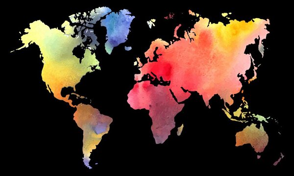 Slika zemljevid sveta v akvarel izvedbi na črnem ozadju