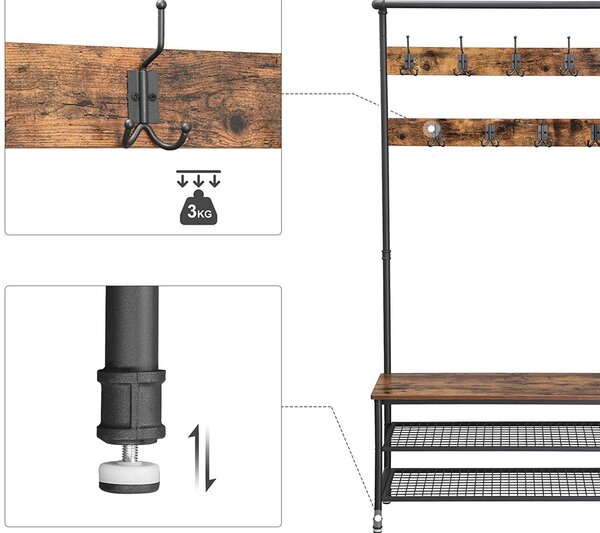 Obešalo za plašče, Rustikalno obešalo za plašče s prostorom za shranjevanje čevljev, 97 x 41,5 x 182 cm | VASAGLE