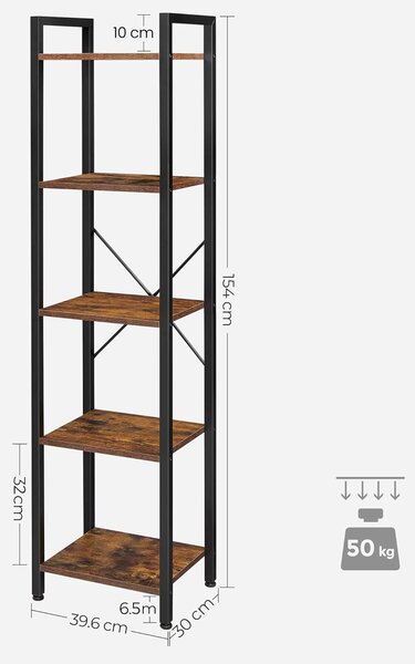 Knjižna polica, 5-nadstropno stojalo za shranjevanje z jeklenim okvirjem, rustikalno rjava in črna | VASAGLE