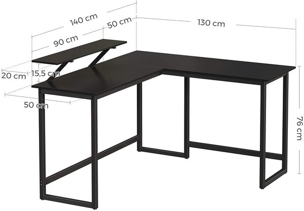 Pisalna miza, računalniška miza v obliki črke L s stojalom za monitor 140 x 130 x 89 cm | VASAGLE