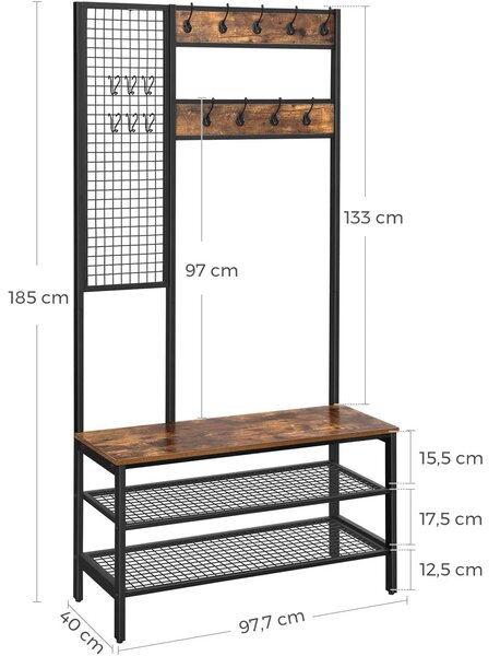 Obešalo za plašče, obešalo za plašče z mrežno steno in klopjo za čevlje 97,7 x 185 x 40 cm | VASAGLE